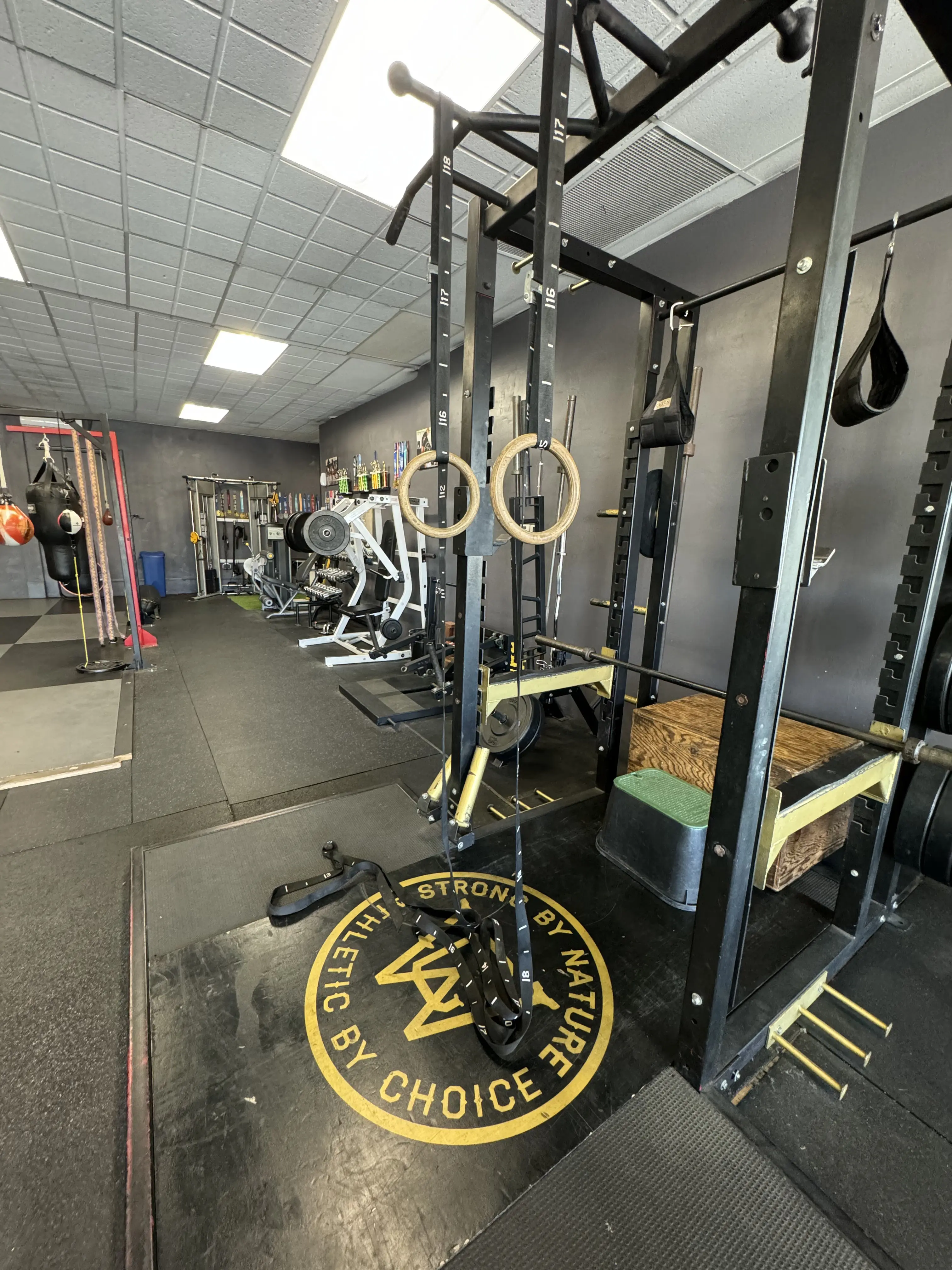 Squat rack and free-weights area on the West Coast Athletics gym floor